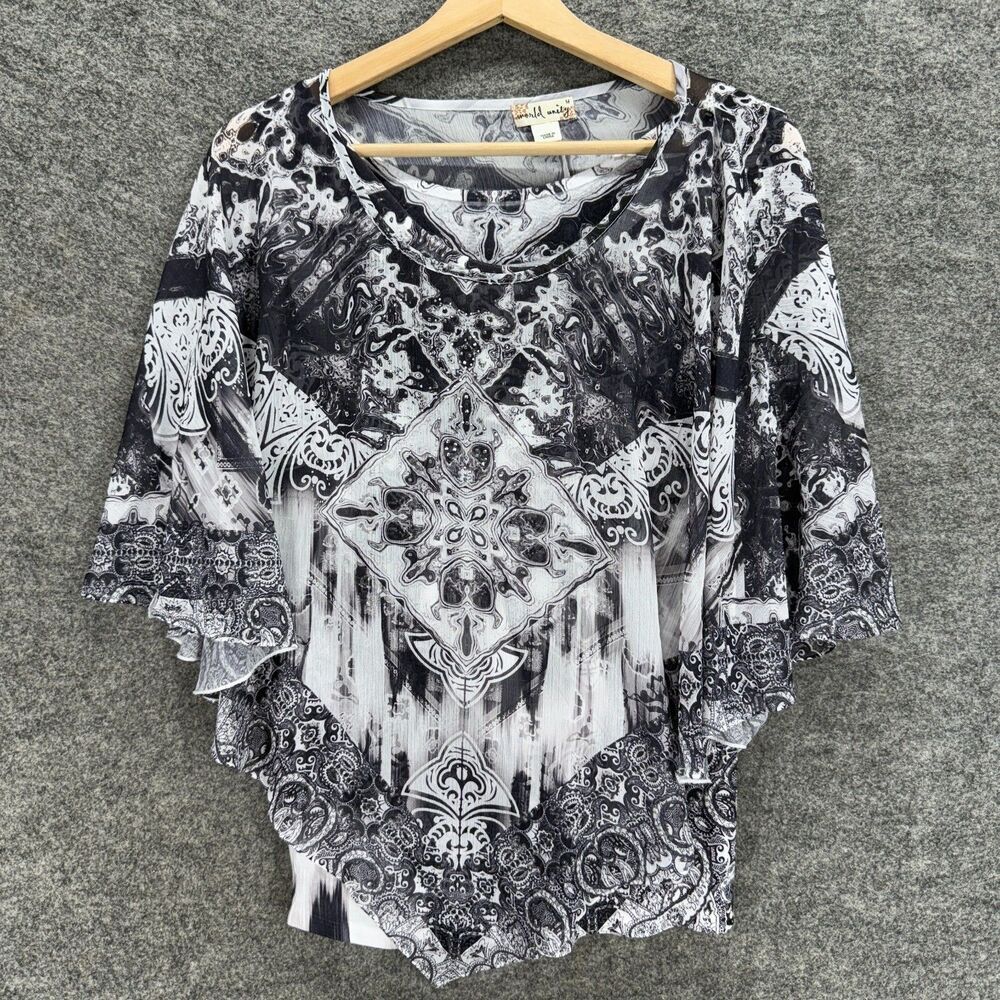 World Unity Blouse Women M Medium Black Geometric 3/4 Sleeve Round Neck Lined